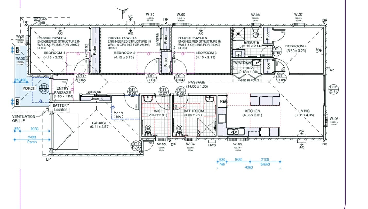 Floor plan of the Cobblebank High Physical Support SDA home, showing three participant bedrooms with ceiling-hoist provision, the OOA bedroom with ensuite, bathrooms, kitchen, living area and garage.