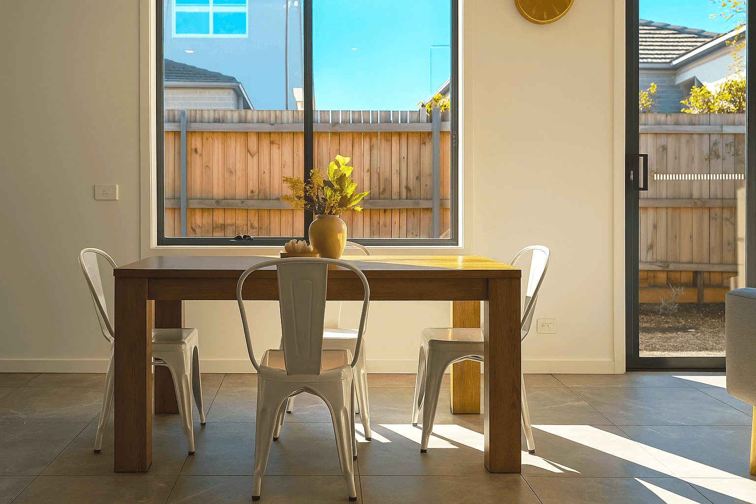 The dining table, off the kitchen — the Deanside home, a Gencare SIL house in Melbourne's west.