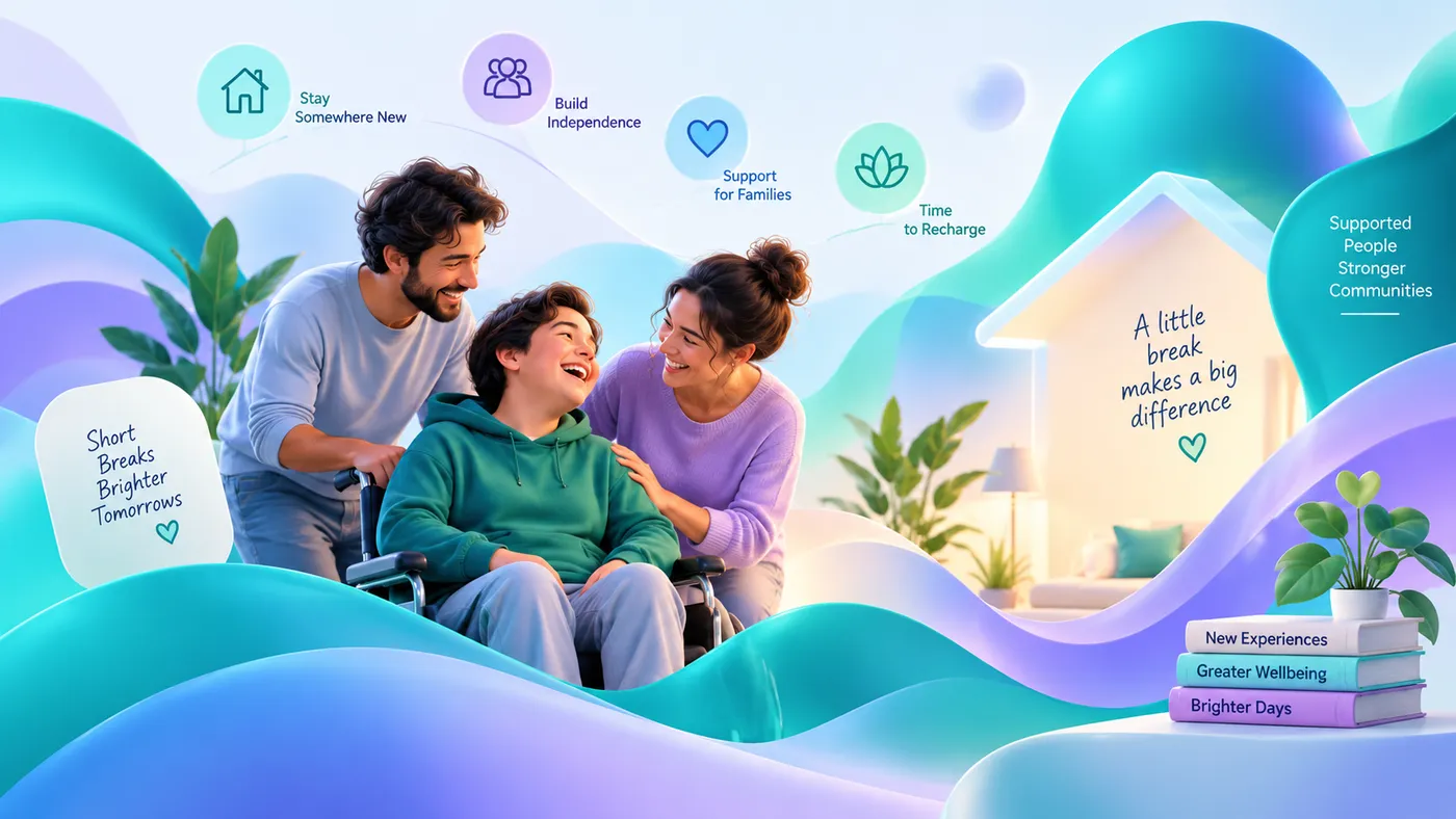 Illustration of a smiling young person in a wheelchair with two supporting adults, beside a warm home interior, surrounded by flowing teal and violet shapes.